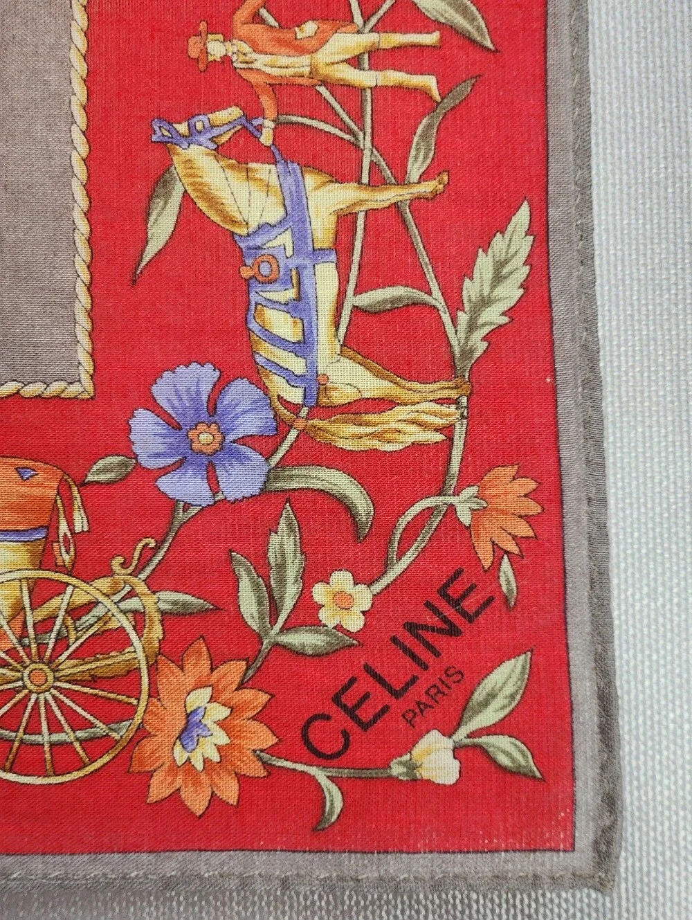 Vintage CELINE Paris Red Equestrian Carriage Cotton Handkerchief Scarf 18